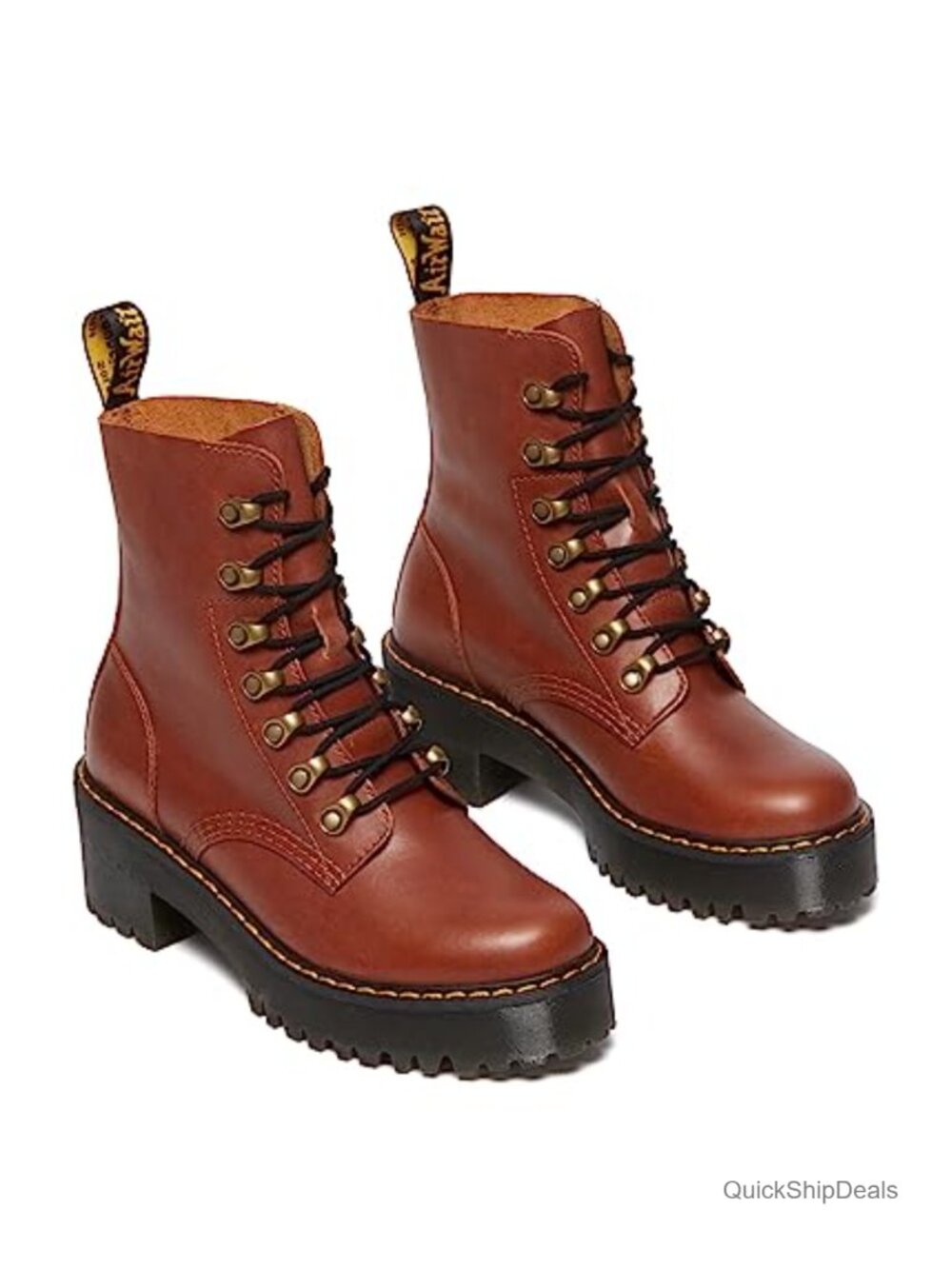 Dr. Martens Women's Leona Heeled Boots, Leather, Round Toe, Block Heel, Lace